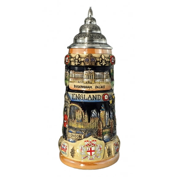 German Beer Stein England Panorama Stein 0.75 liter tankard, beer mug, cobalt, hand-painted, with pewter lid