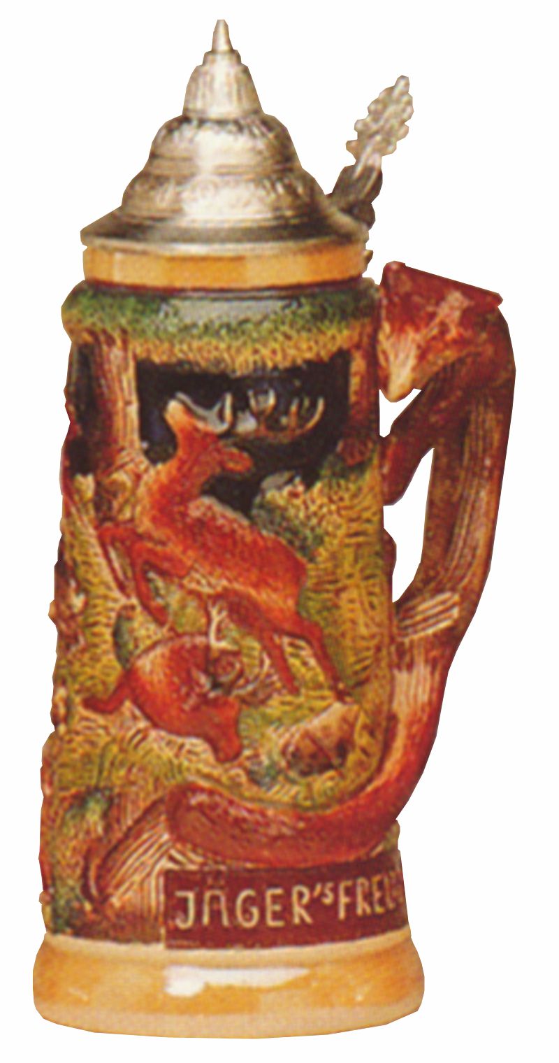 German Beer Stein Fox handle hunting stein 1 liter tankard, beer mug