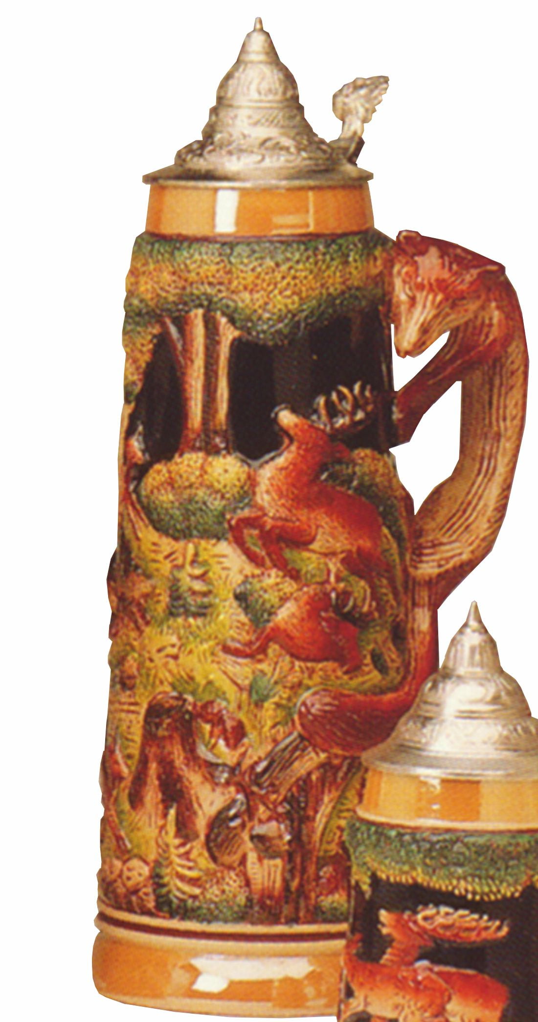 German Beer Stein Fox handle hunting stein 2 liter tankard, beer mug