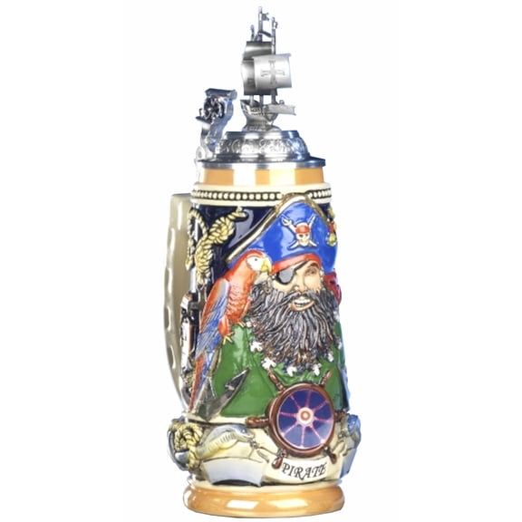 German Beer Stein Pirate Blackbeard Relief Stein, sailing ship lid, canon thumbrest 0.5 liter tankard, beer mug