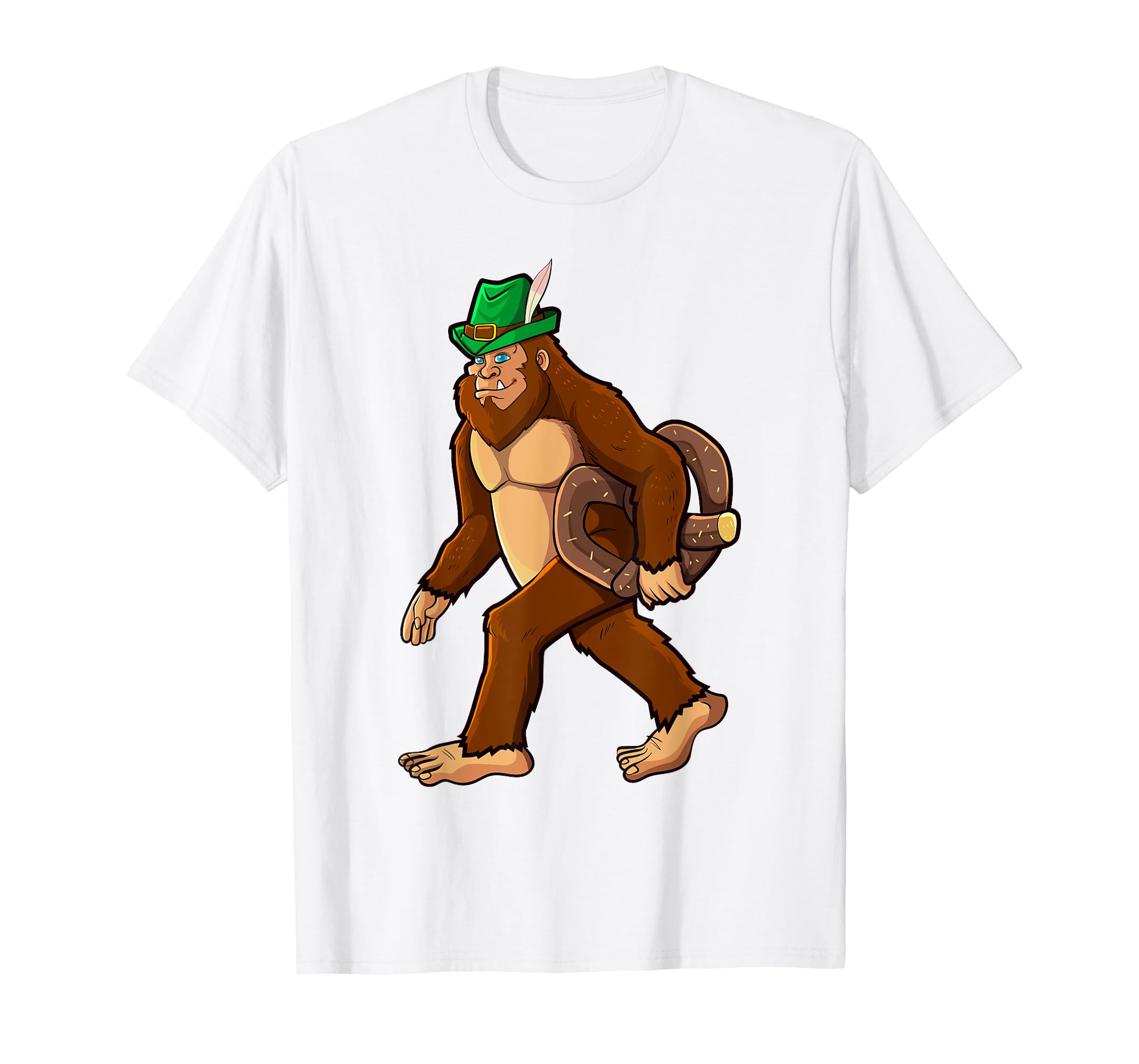 German Bigfoot Sasquatch Carrying Pretzel Funny Oktoberfest White TShirt Short Sleeve Tee