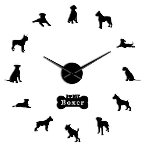 German Boxer Dog Contemporary Oversized Wall Clock DIY Big Needle Time Clock Frameless Deutscher Boxer Large Wall Art Decoration(Black,27inch)