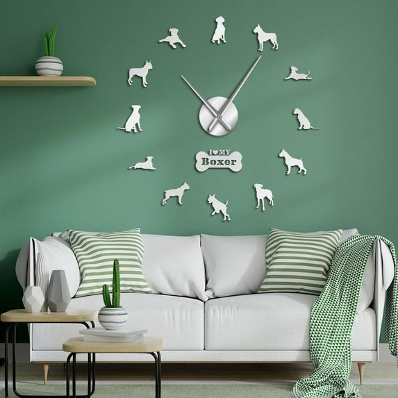German Boxer Dog Contemporary Oversized Wall Clocks DIY Big Needle Time Clock Frameless Deutscher Boxer Large Wall Art Decoration(Silver,27inch)