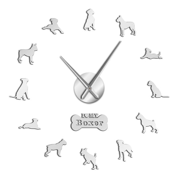 German Boxer Dog Contemporary Oversized Wall Clock DIY Big Needle Time Clock Frameless Deutscher Boxer Large Wall Art Decoration(Silver,37inch)