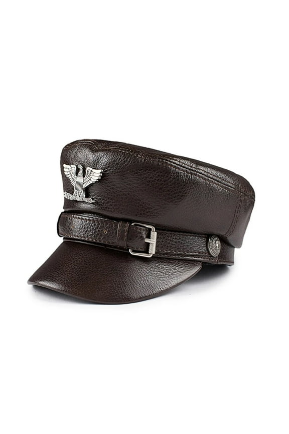 German Cap Man Genuine Leather Flat Top Hat Korean Fashion Mark Chain Punk Locomotive Casquette Male ,Durable Quality