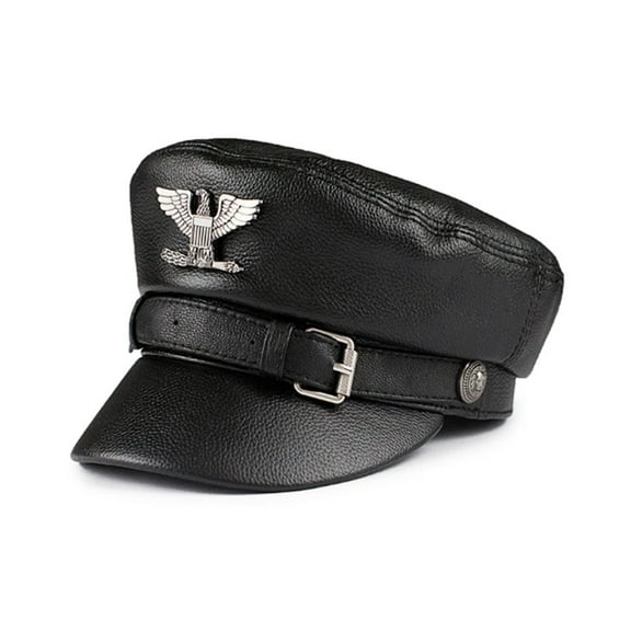 German Cap Man Genuine Leather Flat Top Hat Korean Fashion Mark Chain Punk Locomotive Casquette Male