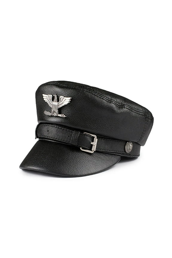 German Cap Man Genuine Leather Flat Top Hat Korean Fashion Mark Chain Punk Locomotive Casquette Male