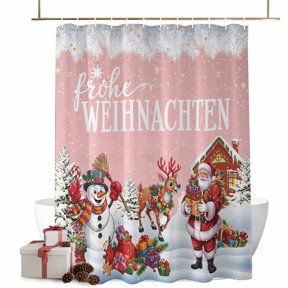 German Christmas Bathroom Shower Curtain Santa Claus Snowman Elk Holly Snowing Pink Waterproof Washable Shower Curtains for Bathtub Bath Decor with Grommets and Hook 36 X 72 Inch