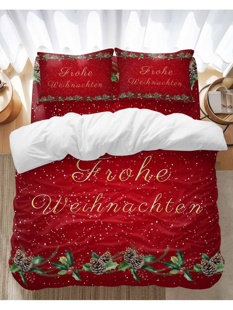 German Christmas Bedding Duvet Cover Set Full Size 4 Pieces Pine Berries Holly Red Frohe Weihnachten Bedding Set with Zipper Closure, 1 Comforter