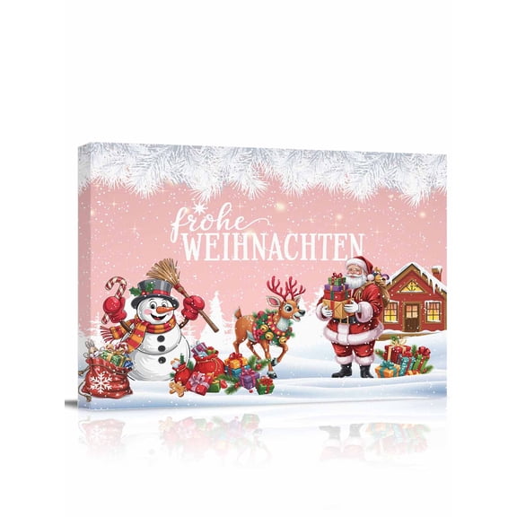 German Christmas Canvas Print Wall Art Framed Canvas Art Wall Decor Santa Claus Snowman Elk Holly Snowing Pink Pictures Painting Morden Artwork for Living Room Bedroom, Ready to Hang - 12"x16"