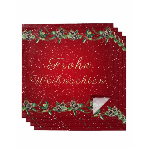 German Christmas Cloth Napkin Set of 4, Pine Berries Holly Red Frohe Weihnachten Washable Linen Napkins Absorbent Kitchen Table Dinner Napkins for Restaurant/Wedding/Hotel