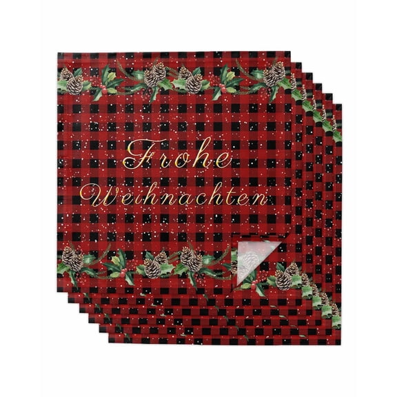German Christmas Cloth Napkin Set of 6, Pine Fruit Berries Holly Red Black Plaid Washable Linen Napkins Absorbent Kitchen Table Dinner Napkins for Restaurant/Wedding/Hotel
