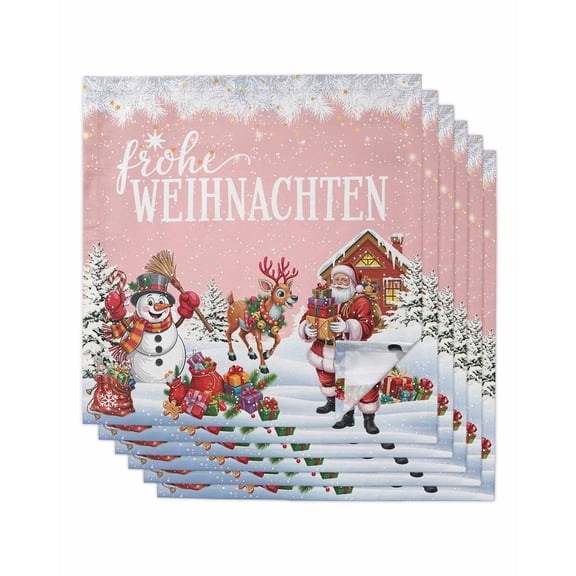 German Christmas Cloth Napkin Set of 6, Santa Claus Snowman Elk Holly Snowing Pink Washable Linen Napkins Absorbent Kitchen Table Dinner Napkins for Restaurant/Wedding/Hotel