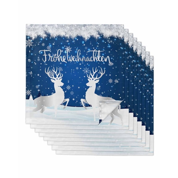 German Christmas Cloth Napkin Set of 8, Winter White Elk Snowflakes Holly Navy Blue Washable Linen Napkins Absorbent Kitchen Table Dinner Napkins for Restaurant/Wedding/Hotel