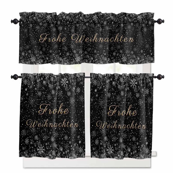 German Christmas Curtain Valances Set Winter White Elk Snowflakes Holly Navy Blue Kitchen Curtains 36 inch Length Rod Pocket Valance and Tiers 3 Piece Set Small Bedroom Bathroom Laundry Decor