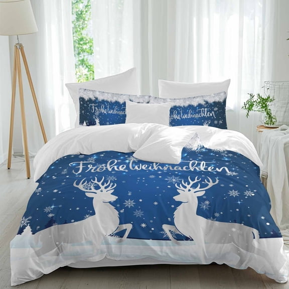 German Christmas Duvet Cover Set Twin Size, Winter White Elk Snowflakes Holly Navy Blue 4 Piece Bedding Set with Zipper Closure & Corner Ties Soft Breathable Comforter Cover for Bedroom