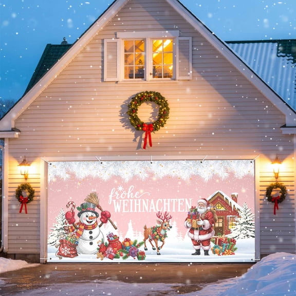 German Christmas Garage Door Banner Covers, Santa Claus Snowman Elk Holly Snowing Pink Large Hanging Indoor/Outdoor Backdrop Background for Christmas Winter Party Decor, 6.9x16 FT