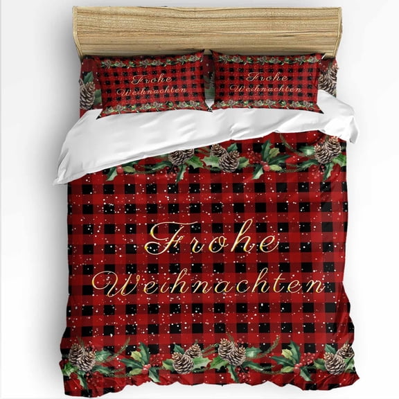 German Christmas King Size Comforter Set, Pine Fruit Berries Holly Red Black Plaid Soft Bedding for All Seasons, 4 Pcs Bed Set with 1Comforter (90"x106") ,1 Sheet(94"x116"), 2 Pillowcases (19"x35")