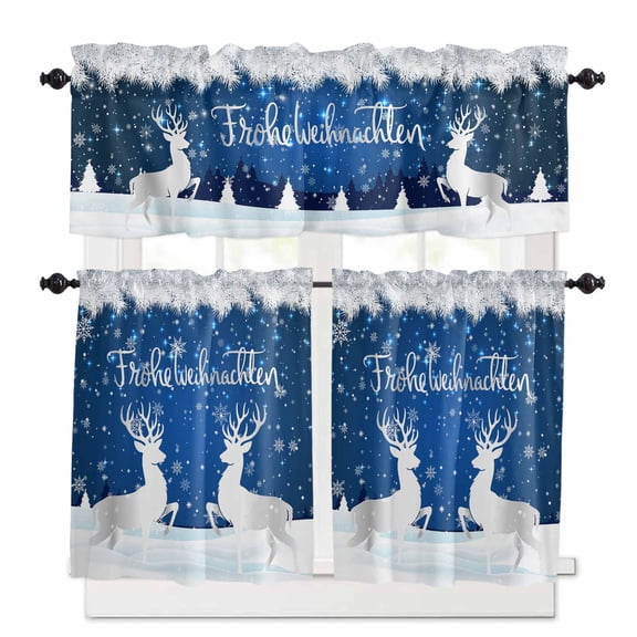 German Christmas Kitchen Curtains Valances and Tiers Set of 3 Winter White Elk Snowflakes Holly Navy Blue Tier Curtains and Valance Rod Pocket Valance Curtains Set for Windows 27.5"W x 24"L