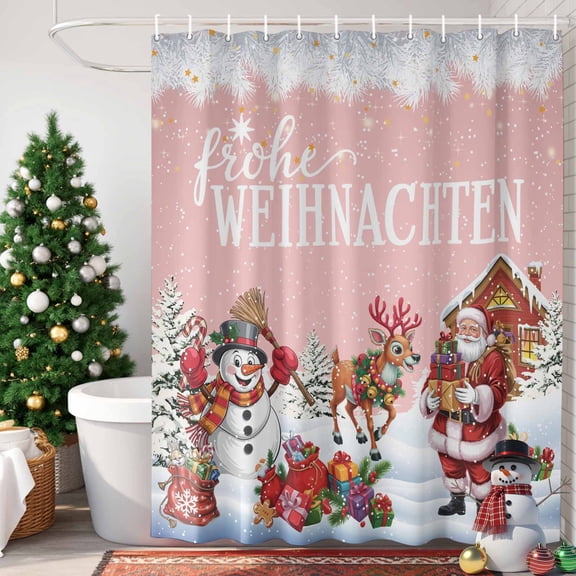 German Christmas Shower Curtain, 36" x 72", Santa Claus Snowman Elk Holly Snowing Pink Waterproof Bathroom Curtain Washable Shower Curtain Set with 12 Hooks