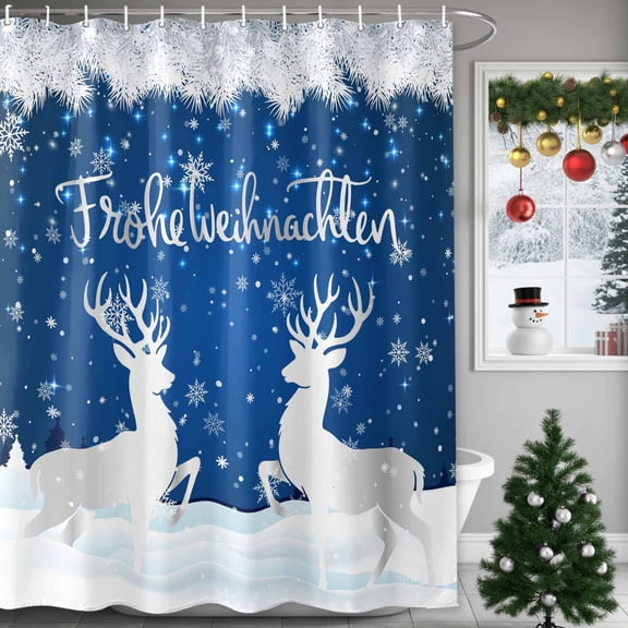 German Christmas Shower Curtains for Bathroom, Winter White Elk Snowflakes Holly Navy Blue Waterproof Fabric Shower Curtain for Bathroom Bathtub Decoration, Machine Washable, 54x"78"