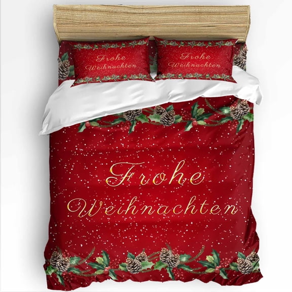 German Christmas Twin Size Comforter Set, Pine Berries Holly Red Frohe Weihnachten Soft Bedding for All Seasons, 4 Pcs Bed Set with 1 Comforter (68"x86") ,1Sheet(66"x116"), 2 Pillowcases (19"x29")