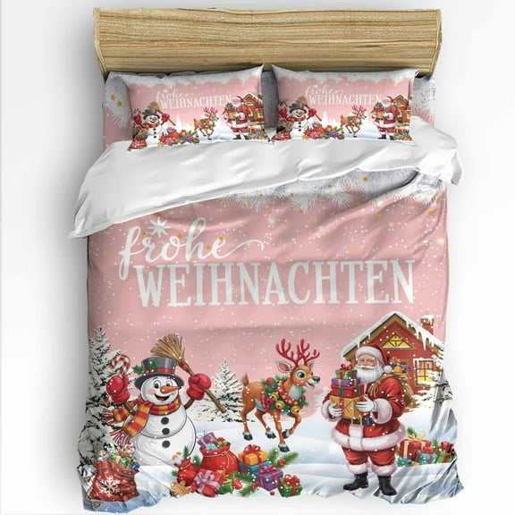 German Christmas Twin Size Comforter Set, Santa Claus Snowman Elk Holly Snowing Pink Soft Bedding for All Seasons, 4 Pcs Bed Set with 1 Comforter (68"x86") ,1Sheet(66"x116"), 2 Pillowcases (19"x29")