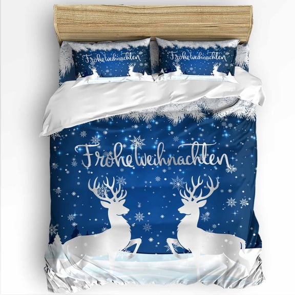 German Christmas Twin Size Comforter Set, Winter White Elk Snowflakes Holly Navy Blue Soft Bedding for All Seasons, 4 Pcs Bed Set with 1 Comforter (68"x86") ,1Sheet(66"x116"), 2 Pillowcases (19"x29")