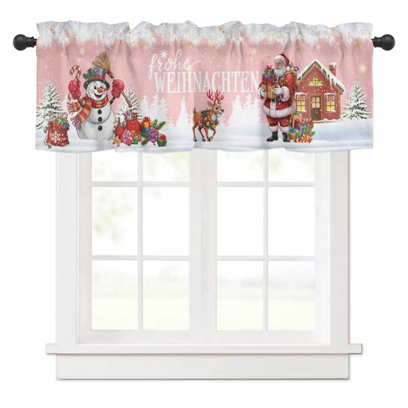 German Christmas Valances for Windows Santa Claus Snowman Elk Holly Snowing Pink Rod Pocket Curtain Valance Window Treatment Short Curtains for Kitchen Living Room, 54"x18"