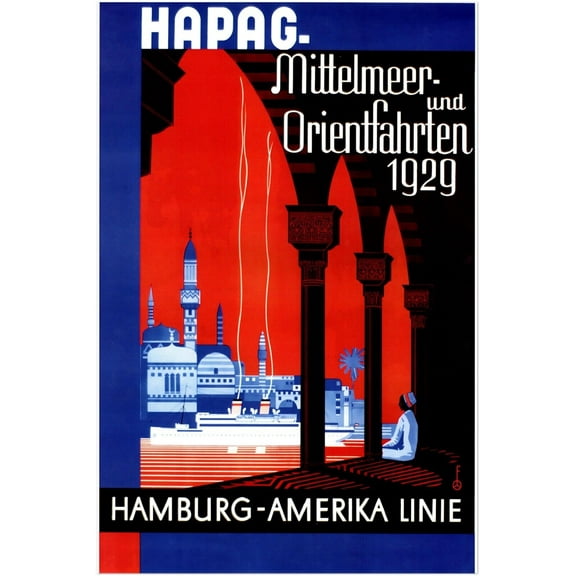 German Cruise Ship - Hapag - Vintage Travel Poster, Retro Posters (12x18Inches(Black-Framed))