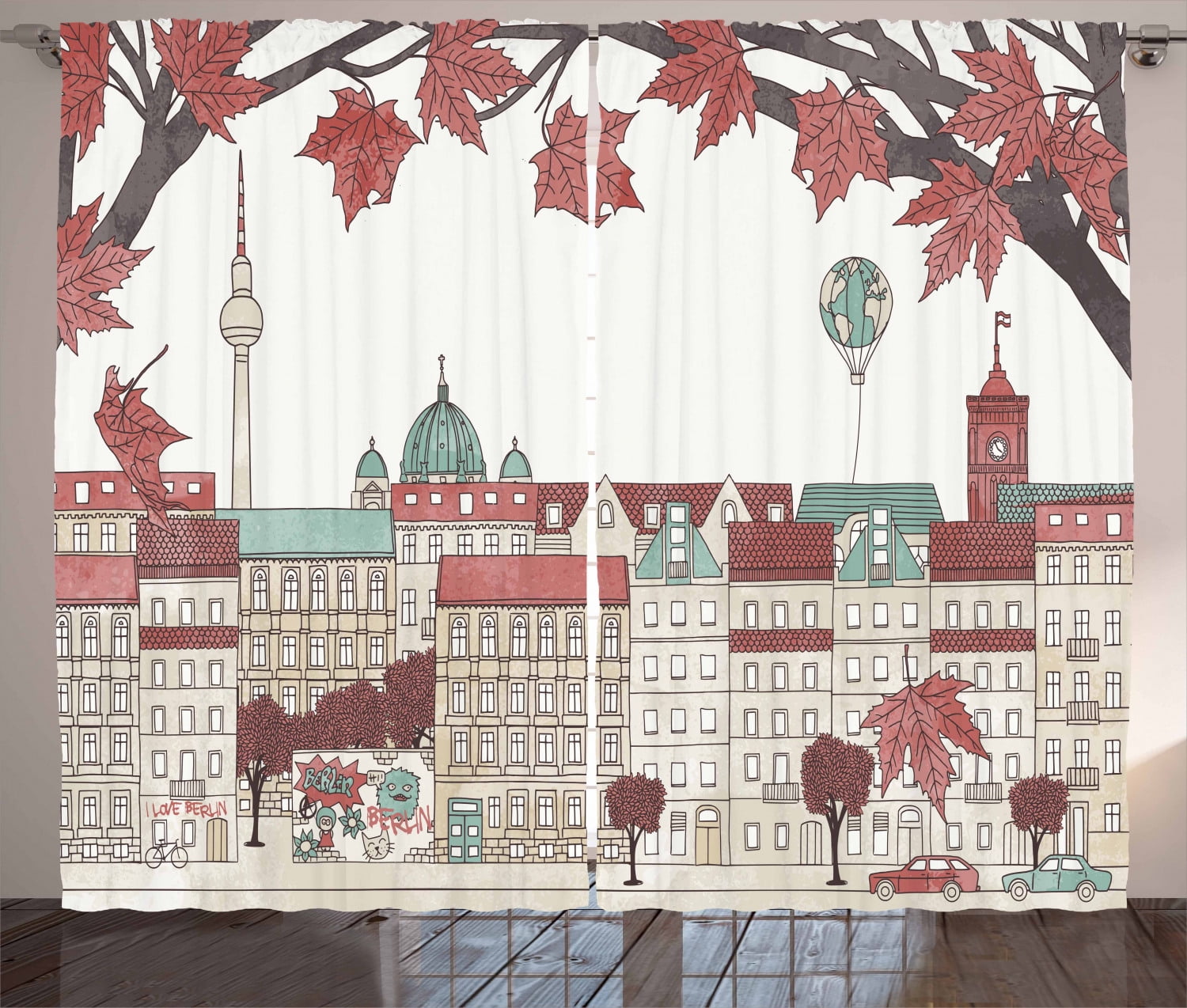 German Curtains 2 Panels Set, Autumn in Berlin Colorful Hand Drawn