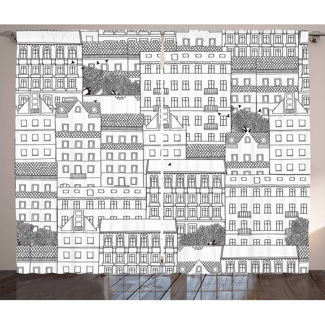 German Curtains 2 Panels Set, Hand Drawn German Style Houses Monochrome ...