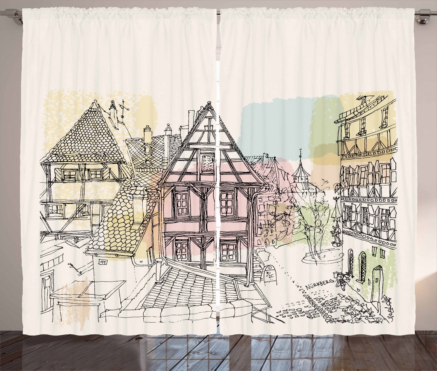 German Curtains 2 Panels Set, Historic Traditional Scene Nuremberg