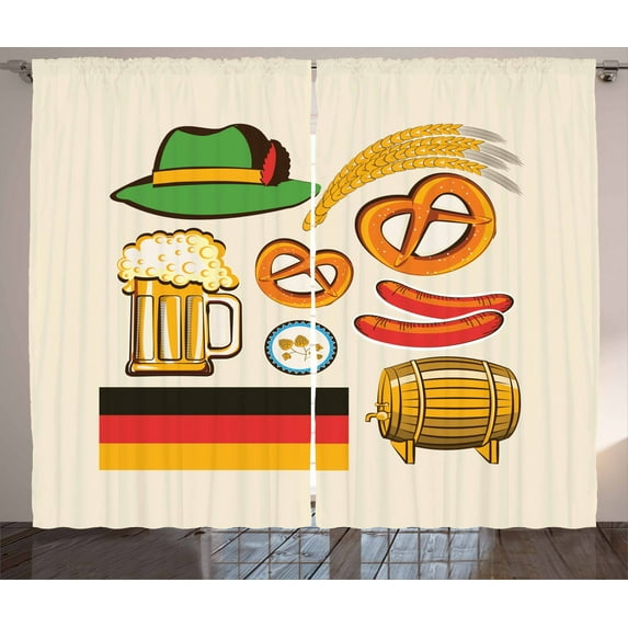 Ambesonne German Curtains 2 Panel Set, Wheat Beer Pretzels, 108" x 108", Multicolor