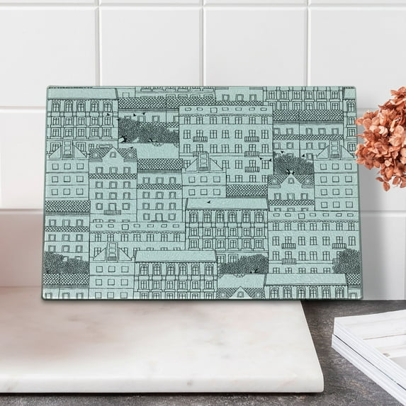 German Cutting Board, Hand Drawn German Style Houses Monochrome European Architecture Sketch Image, Decorative Tempered Glass Cutting and Serving Board, Small Size, Black and White, by Ambesonne