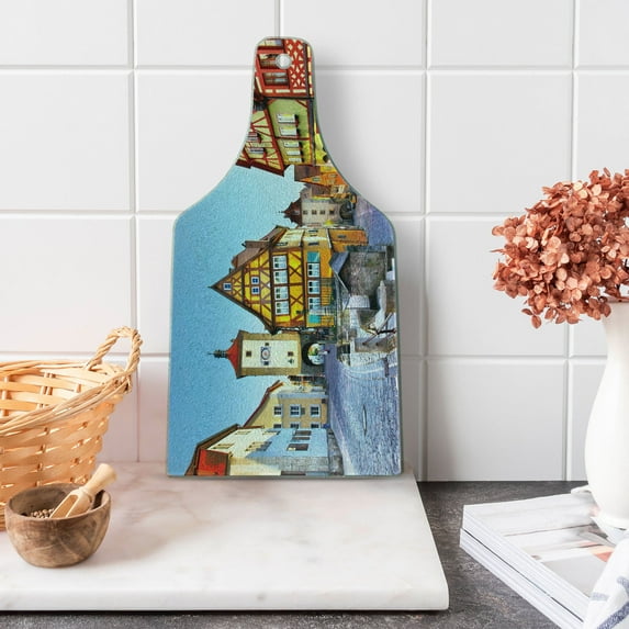 German Cutting Board, Rothenburg ob der Tauber Bavaria Germany Famous Street Colorful Classic Houses, Decorative Tempered Glass Cutting and Serving Board, Wine Bottle Shape, Multicolor, by Ambesonne