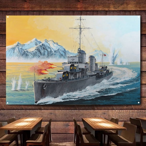 German Destroyer Type 1936 Battleship Wall Art Banners Hanging Flags Wall Chart Warship Military Art Poster Canvas Print Art Painting Room Office Home Decor Tapestry,38X57 inches