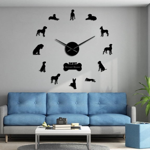German Dog Breed German Mastiff Wall Art Home Decor Great Dane DIY Large 3D Wall Clocks Living Room Decorative Quiet Wall Watch(Black,27inch)