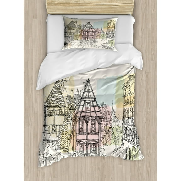German Duvet Cover Set Twin Size, Historic Traditional Scene Nuremberg Germany Classical Timber Houses Illustration, Decorative 2 Piece Bedding Set with 1 Pillow Sham, Multicolor, by Ambesonne