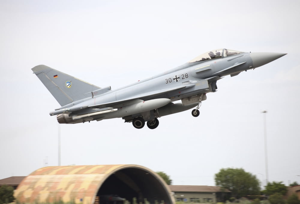 German Eurofighter taking off from Albacete Airfield Spain Canvas Art - Timm ZiegenthalerStocktrek Images (18 x 12)