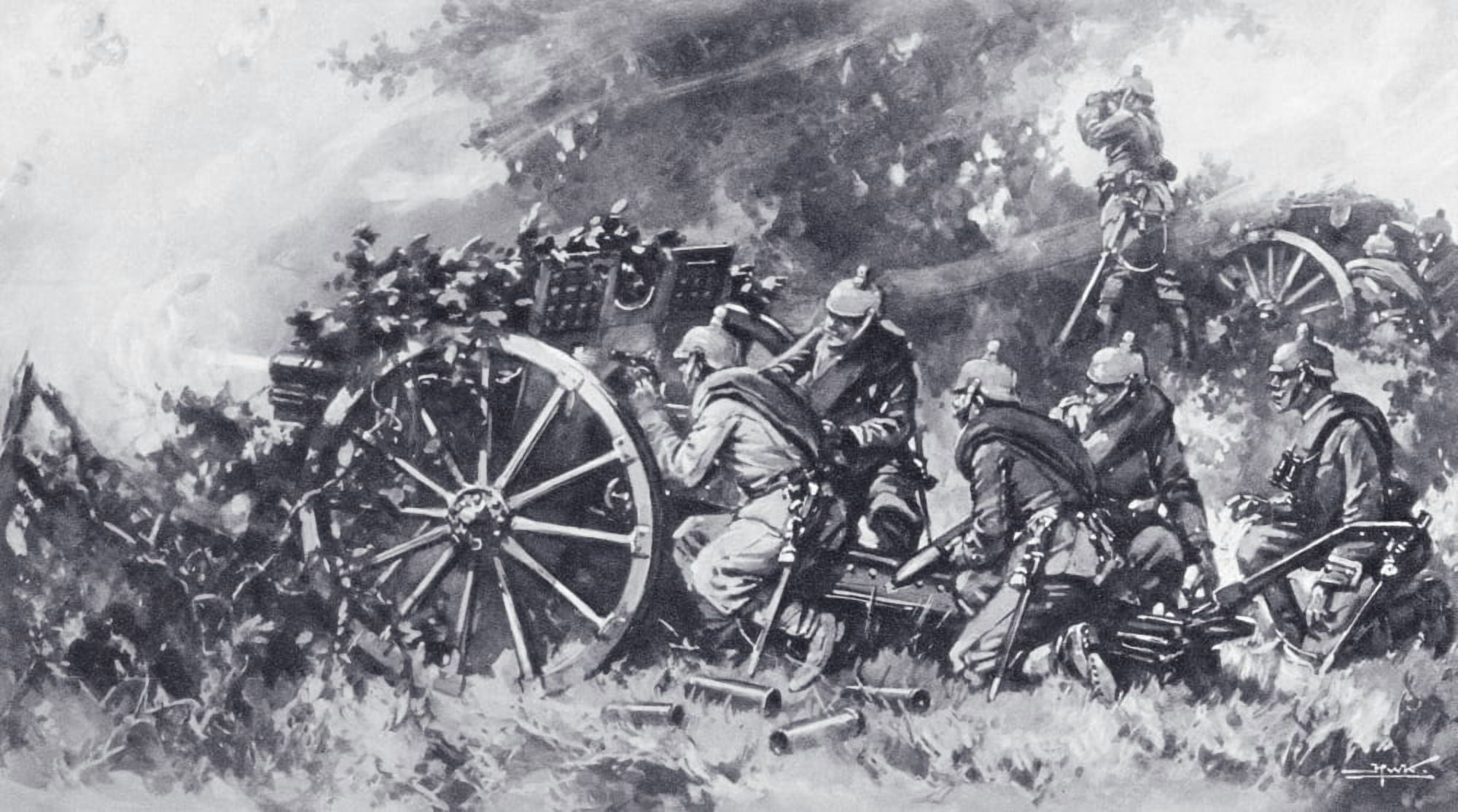 German Field Guns In Action During World War One A Masked Battery Screened By Foliage Opening Fire From The Illustrated War News Published 1914 Canvas Art - Ken Welsh Design Pics (38 x 20)