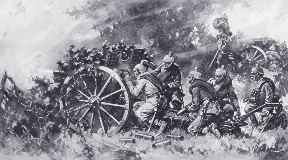 German Field Guns In Action During World War One A Masked Battery Screened By Foliage Opening Fire From The Illustrated War News Published 1914 Canvas Art - Ken Welsh Design Pics (19 x 10)