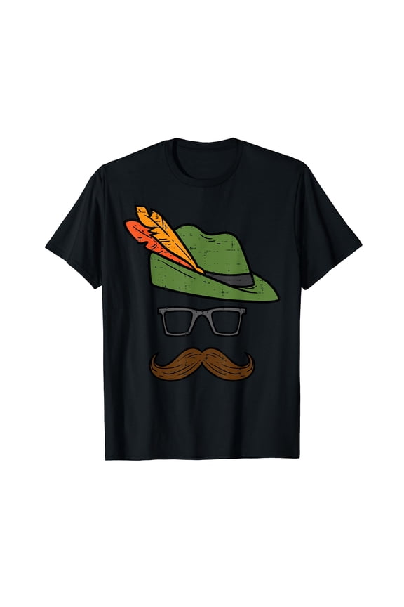 German Hat Mustache Costume Bavaria Oktoberfest Men Boy Cotton Black T-Shirt