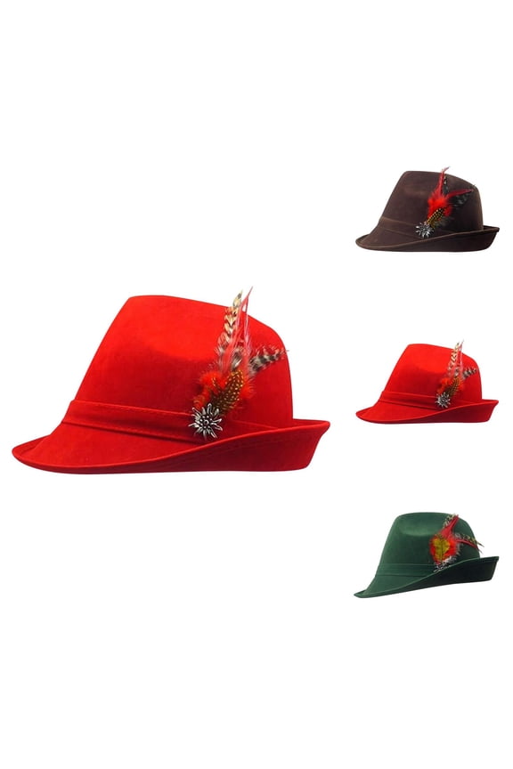 German Hat Oktoberfest Hats for Men Women Fedora Hat with Metal Edelweiss Pin and Feather