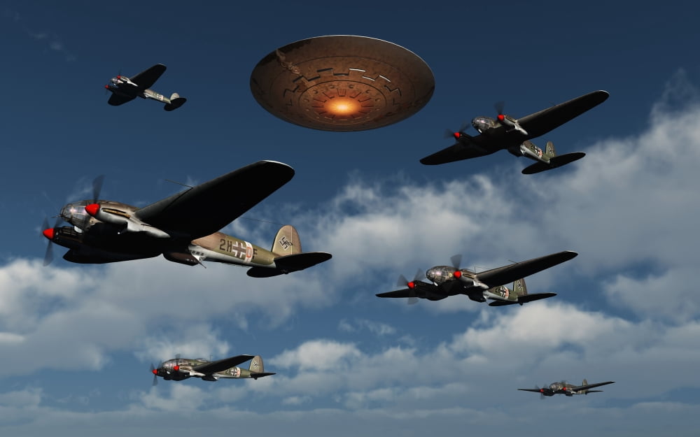 German Heinkel bombers being buzzed by a UFO Canvas Art - Mark StevensonStocktrek Images (36 x 23)