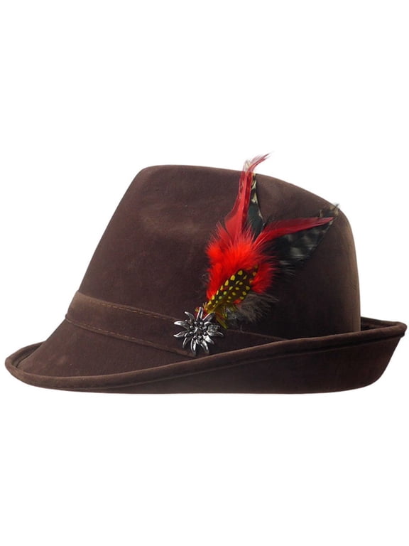 German Hunter Brown Hat Fedora, with Feather & Metal Edelweiss Hat Pin| Oktoberfest Fedora Hat for Men and Women | XL