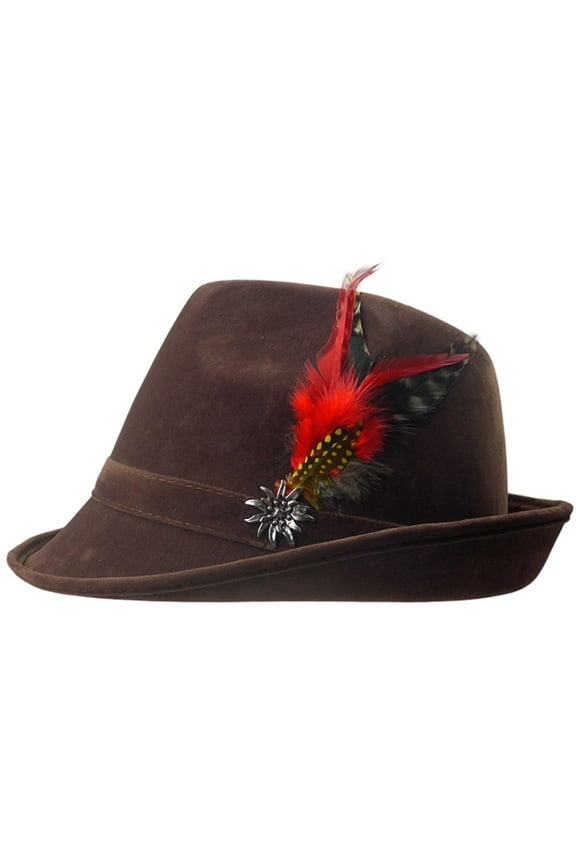 German Hunter Brown Hat Fedora, with Feather & Metal Edelweiss Hat Pin| Oktoberfest Fedora Hat for Men and Women | XL