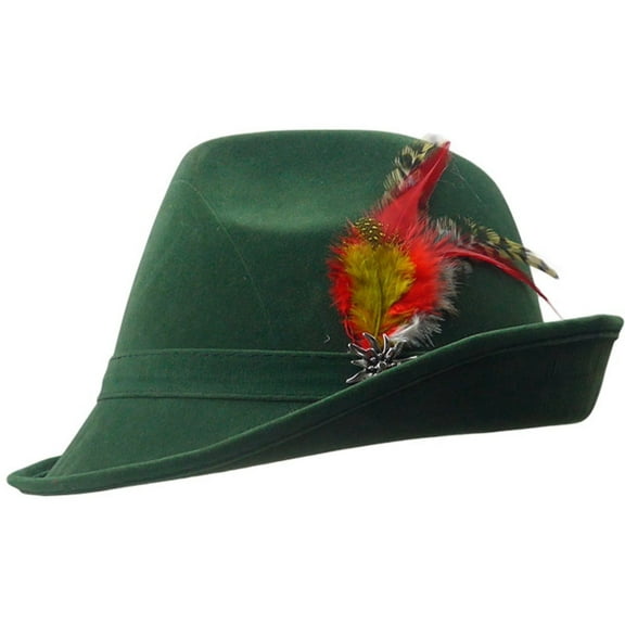 German Hunter Green Hat Fedora, with Feather & Metal Edelweiss Hat Pin| Oktoberfest Fedora Hat for Men and Women | S