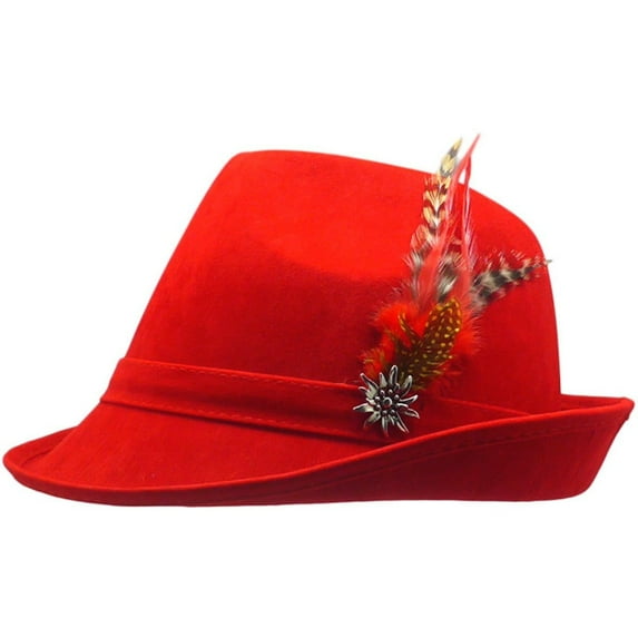 German Hunter Red Hat Fedora, with Feather & Metal Edelweiss Hat Pin| Oktoberfest Fedora Hat for Men and Women | L