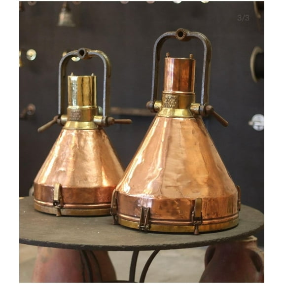 German Industrial Copper, Brass & Cast Iron Pendant Light Set of 2 piece